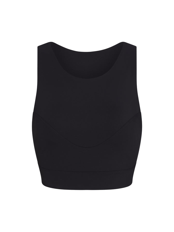 Racer Back Sports Bra with a high neck line, front view in black.