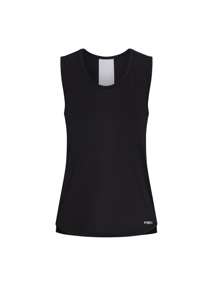 Women's Vented Tank front view in black with white stripe down center back. Small logo on lower left side.