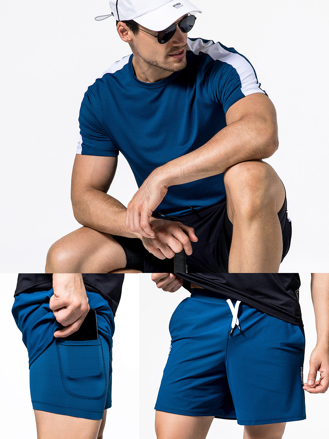 Male model wearing Astral Blue PB5star shirt and shorts with two close up photos of shorts.