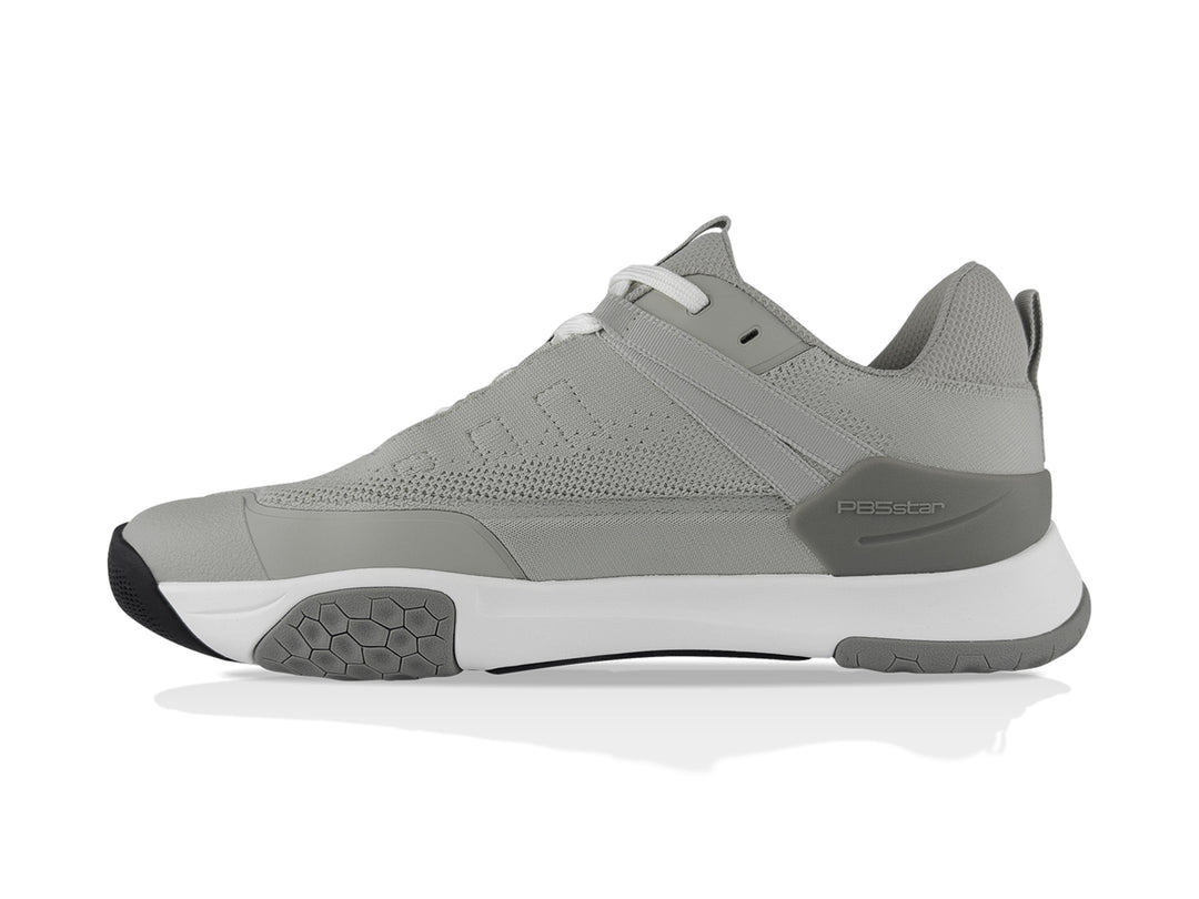 Side view of light gray PB5star Court2 performance sneaker featuring breathable mesh upper, durable sole with hexagonal grip pattern, and modern design.