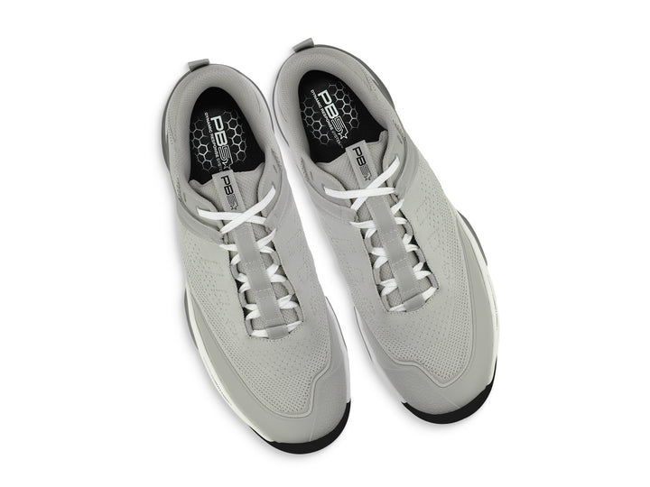 Top view of light gray PB5star Court2 performance sneakers with white laces, breathable mesh upper, and stylish modern design on an white background.