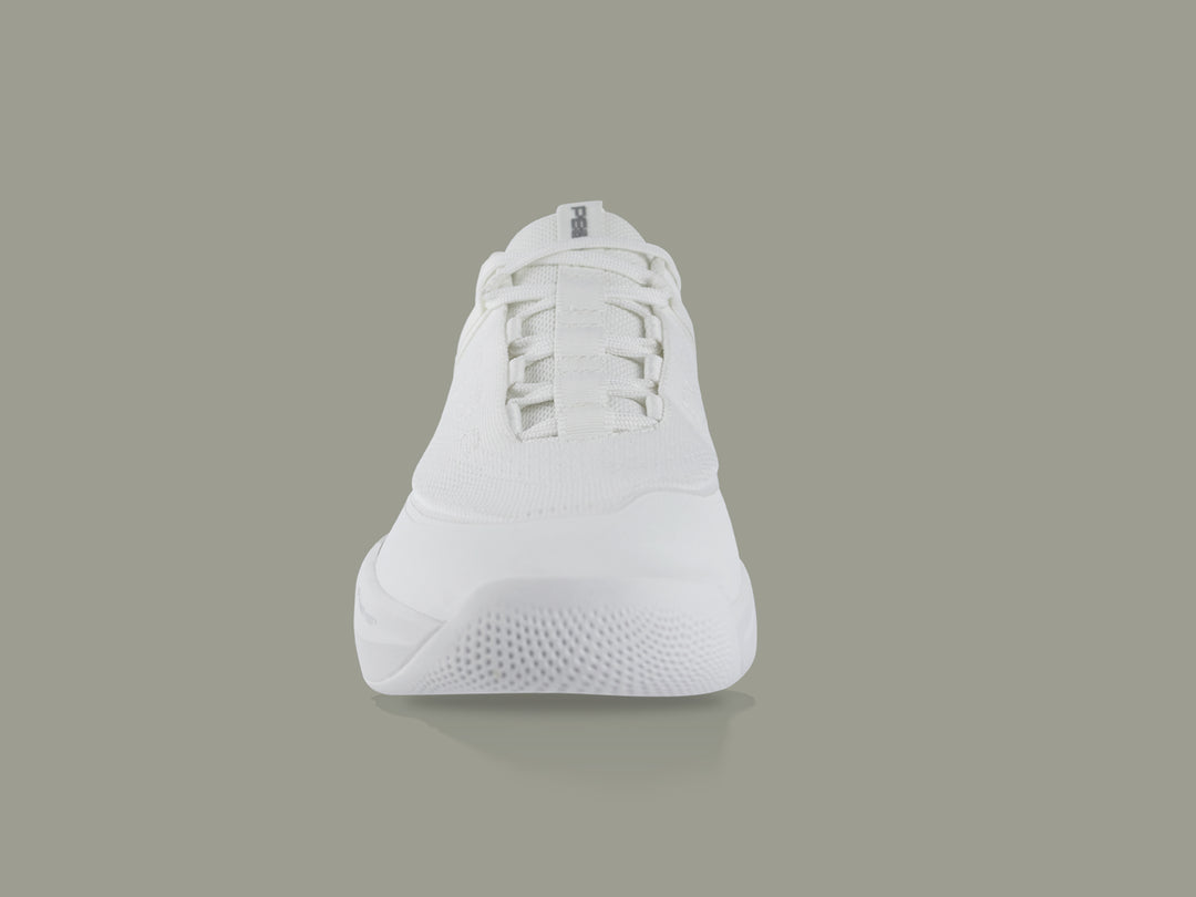 Front view of white PB5star Court2 sneaker showcasing a breathable mesh upper, durable toe cap, and modern design.