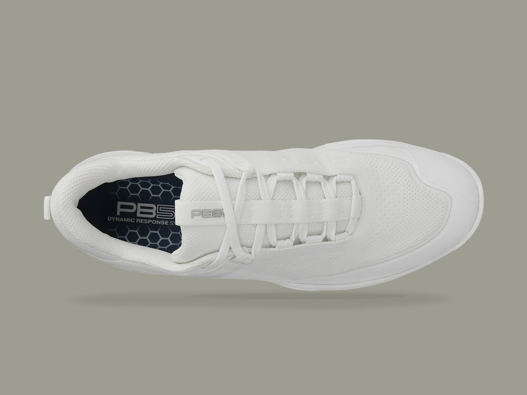 Top view of white PB5star Court2 sneaker featuring breathable mesh upper, dynamic response system insole, and sleek design.