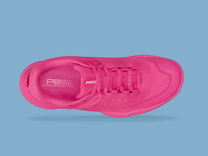 Top view of pink PB5star Court2 sneaker featuring breathable mesh upper, dynamic response system insole, and sleek design on a light blue background.