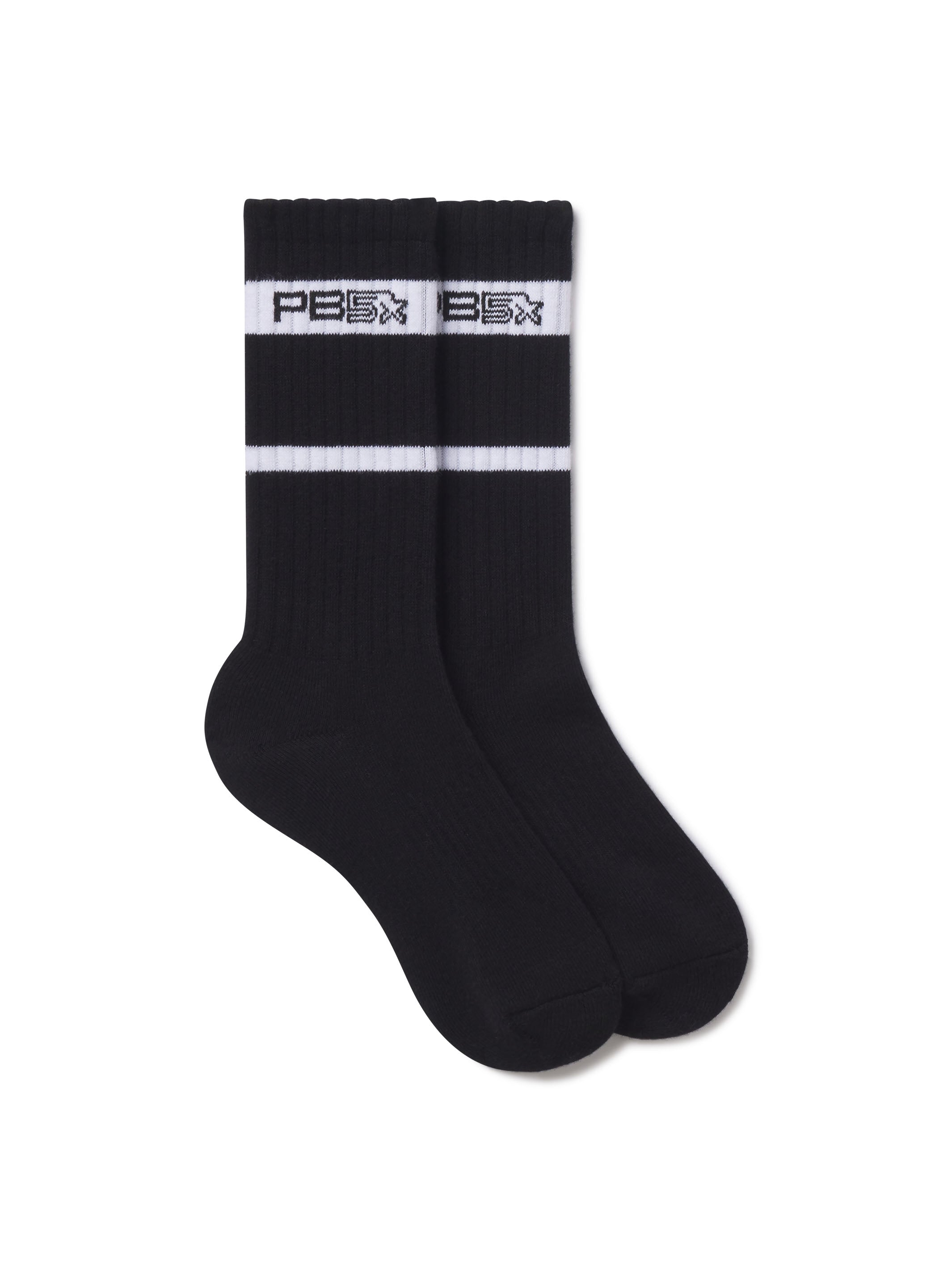 Unisex Striped Crew Socks side view in black with white stripes. Logo in top stripe.