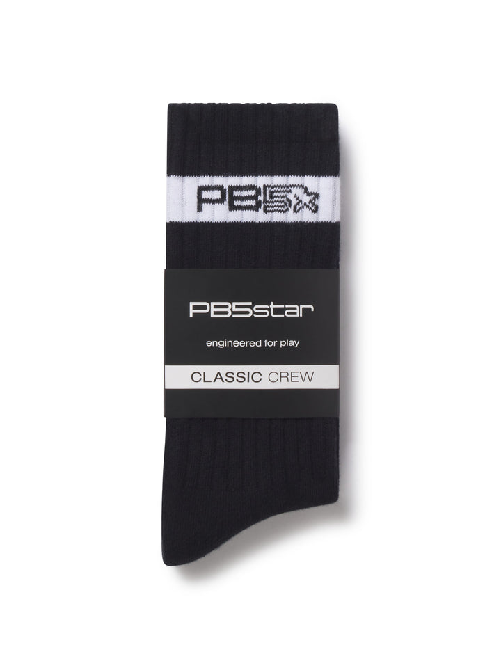 Packaged PB5 Classic Crew Socks in Black with a ribbed design, featuring the PB5star logo and engineered for optimal comfort and performance.