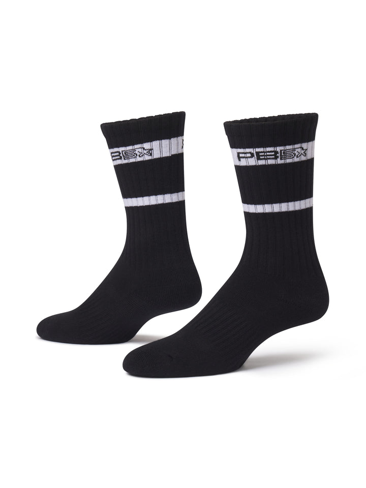 PB5 Classic Crew Socks in Black featuring ribbed fabric for comfort and durability, engineered for active play and everyday wear.