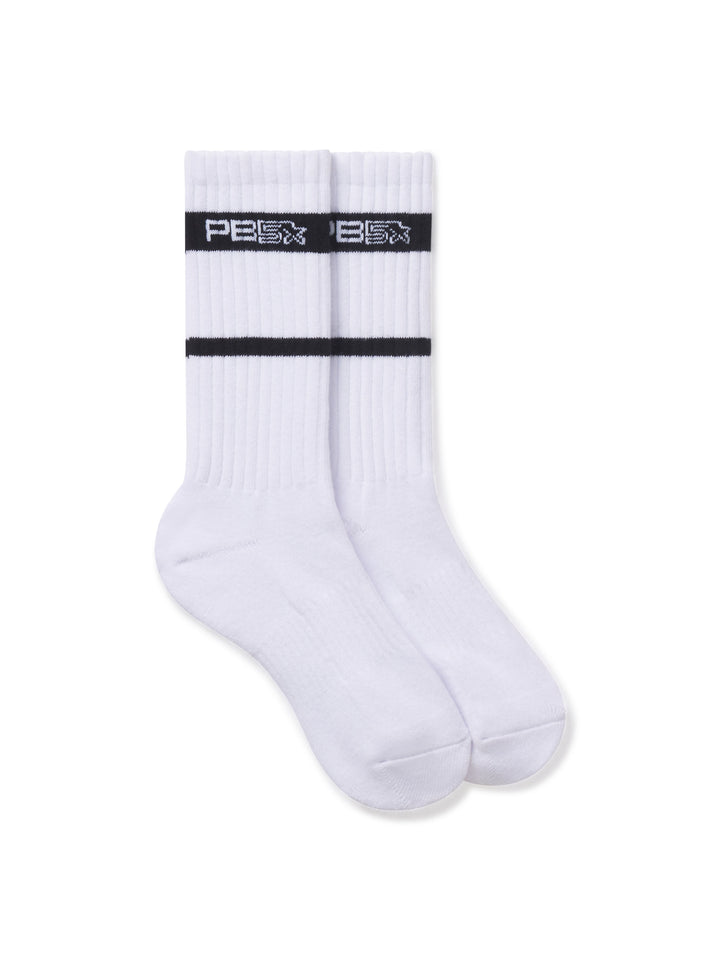 PB5star Classic Crew Socks in White with black stripes and branding, designed for durability, comfort, and athletic performance.