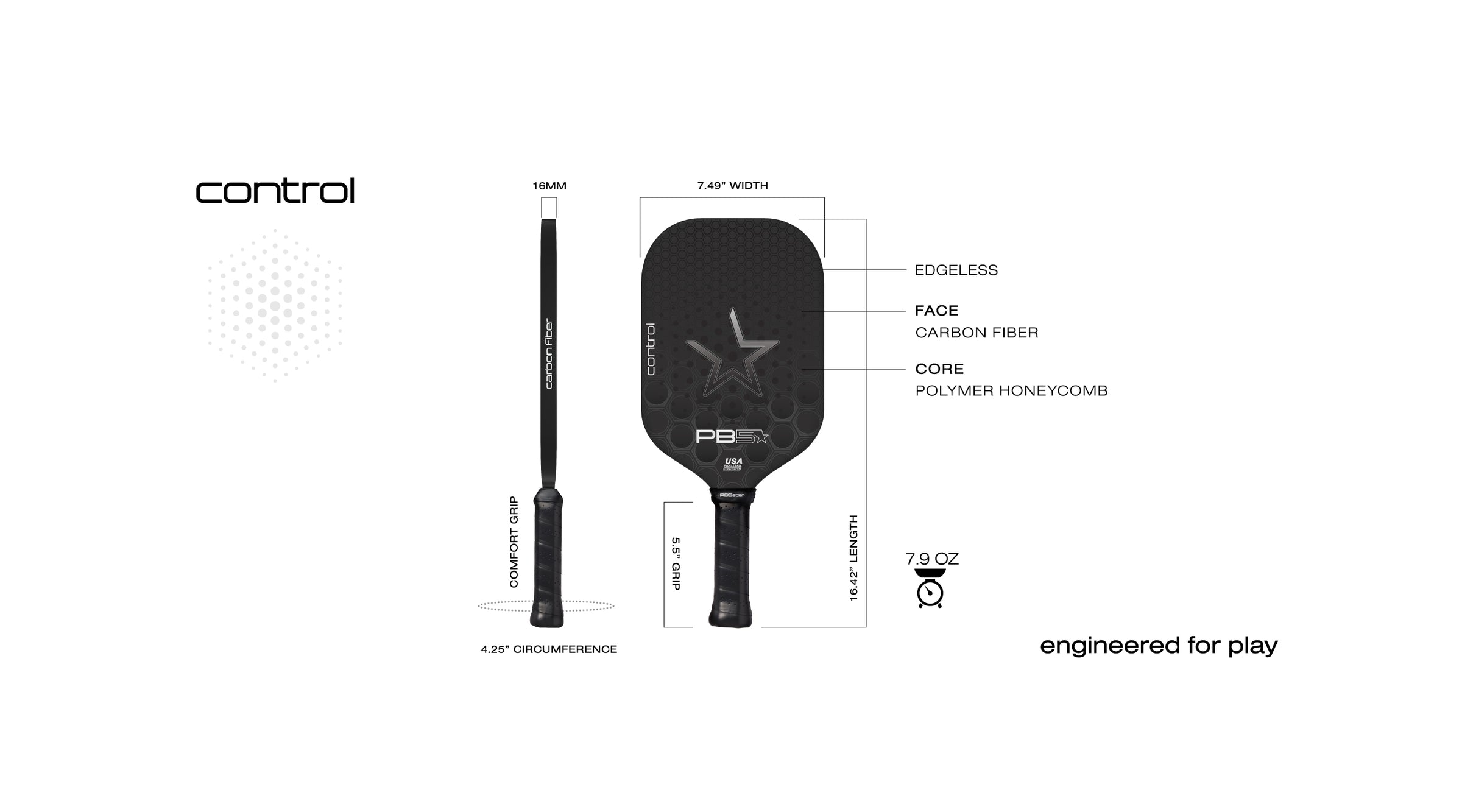 Control Paddle: comfort grip, edgeless, carbon fiber face, polymer honeycomb core, weight 7.9 oz. Engineered for play.
