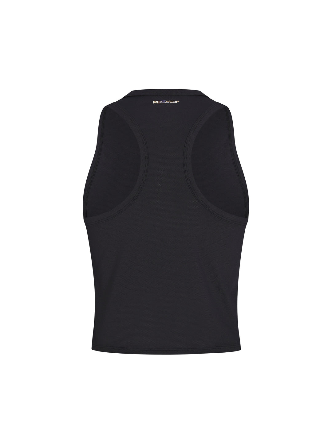 Women's Cropped Racer Back Tank back view in black. Small logo centered under neck seam.