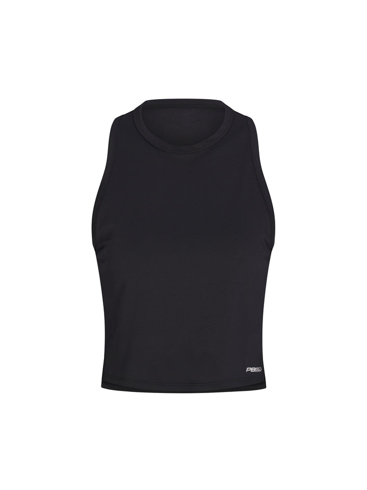 Women's Cropped Racer Back Tank front view in black with high neck line. Small logo on lower left side.