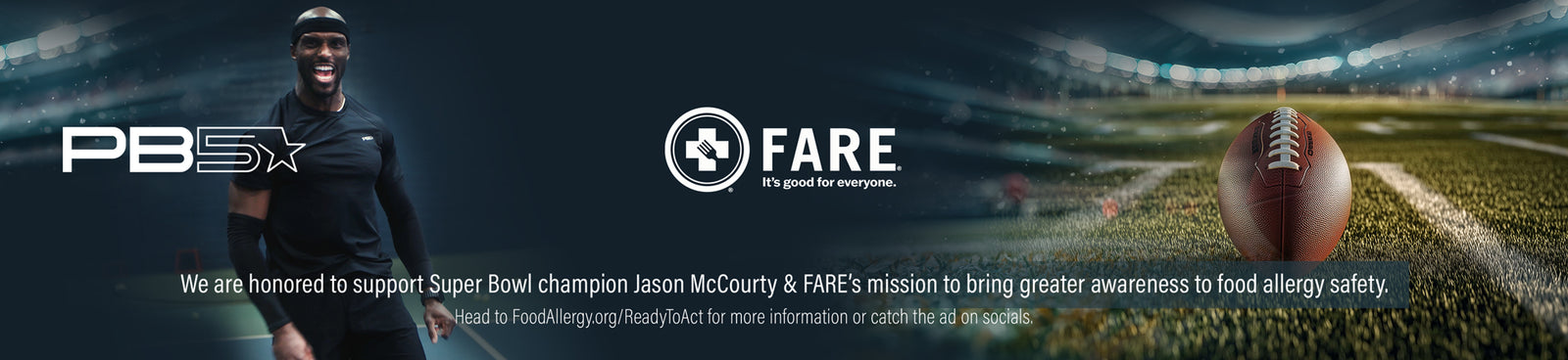 Super Bowl champion Jason McCourty partners with PB5Star and FARE to promote food allergy safety awareness, featuring a football field background and branding elements.