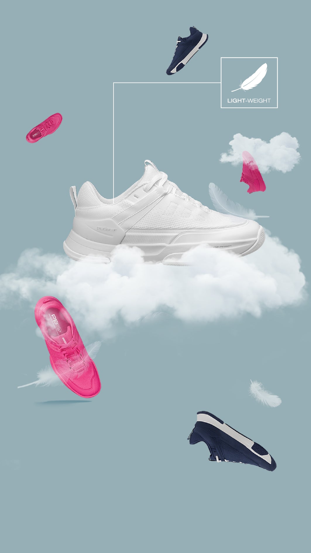 PB5 Court2 lightweight athletic shoes in white, pink, and astral blue floating on clouds, showcasing comfort and feather-light design.