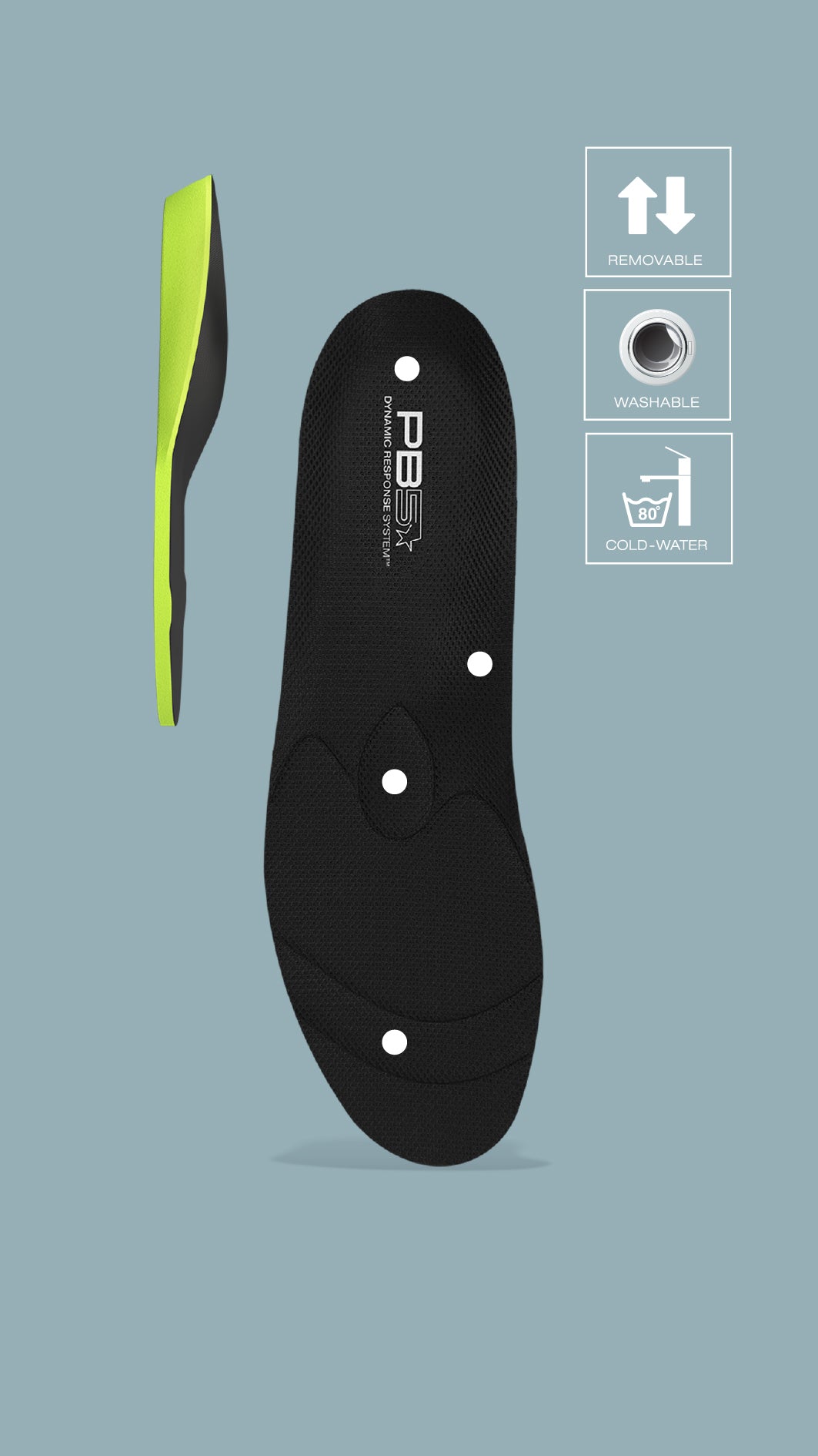 Removable, washable, cold-water safe black insole with dynamic response system and neon green side view against a blue background.