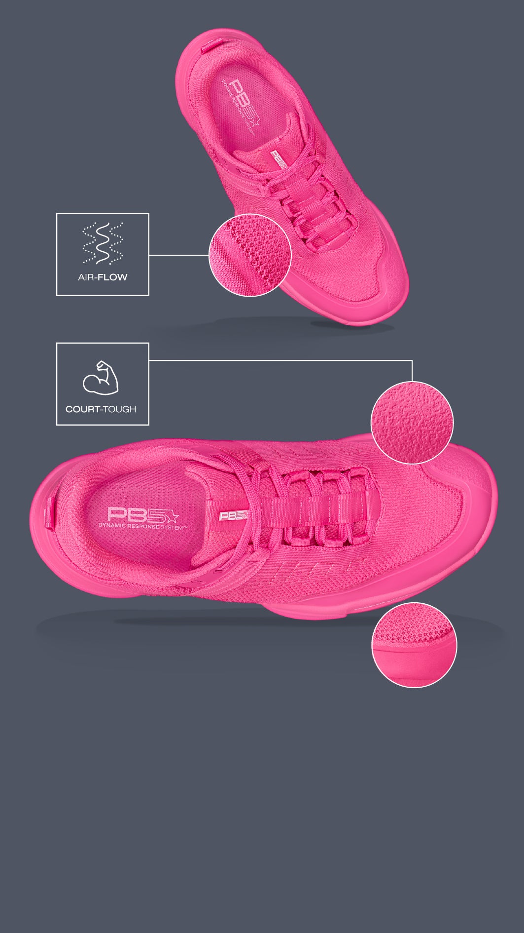 Top view of the PB5 Court2 pink athletic shoe with PB5star branding, featuring breathable airflow mesh and court-tough durable materials, highlighted with close-up details of reinforced textured areas.