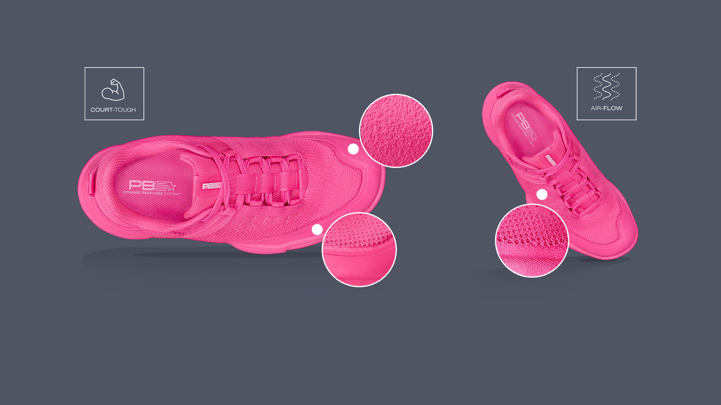 Top view of the PB5star PB5 Court2 shoe in vibrant pink, highlighting its durable court-tough material and breathable air-flow zones for enhanced performance and comfort.