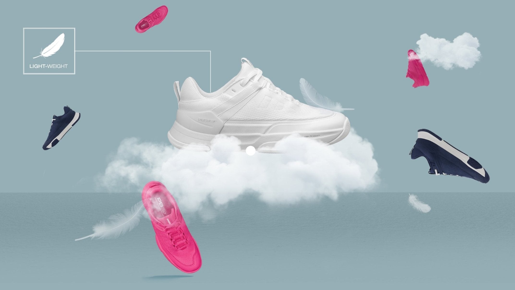 PB5 Court2 lightweight athletic shoe collection displayed on floating clouds, showcasing breathable designs in Arctic White, Astral Blue, and Hot Pink colors. Ideal for optimal performance and comfort in sports or casual wear.