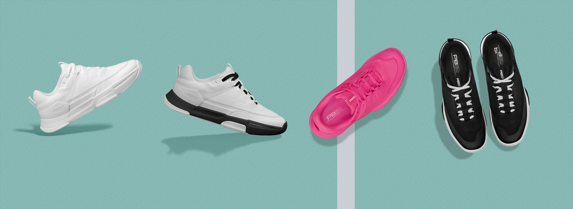 PB5 Court2 athletic shoes in white, black/white, pink, and black colorways showcased on a teal court. High-performance footwear designed with Dynamic Stability Assist™ for enhanced comfort, stability, and style.