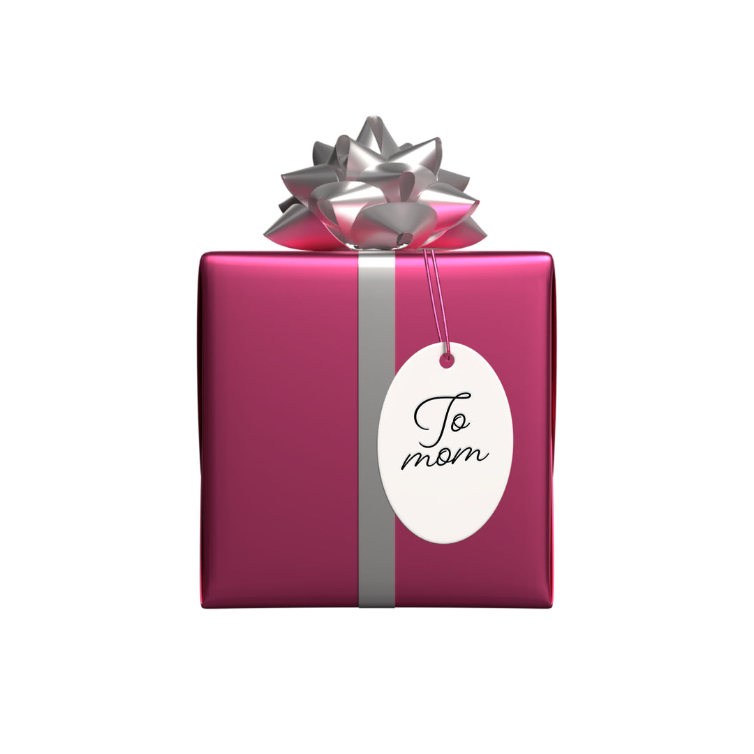 Pink gift box wrapped with a silver ribbon and bow, featuring a tag that says "To mom," perfect for celebrating and appreciating mothers.