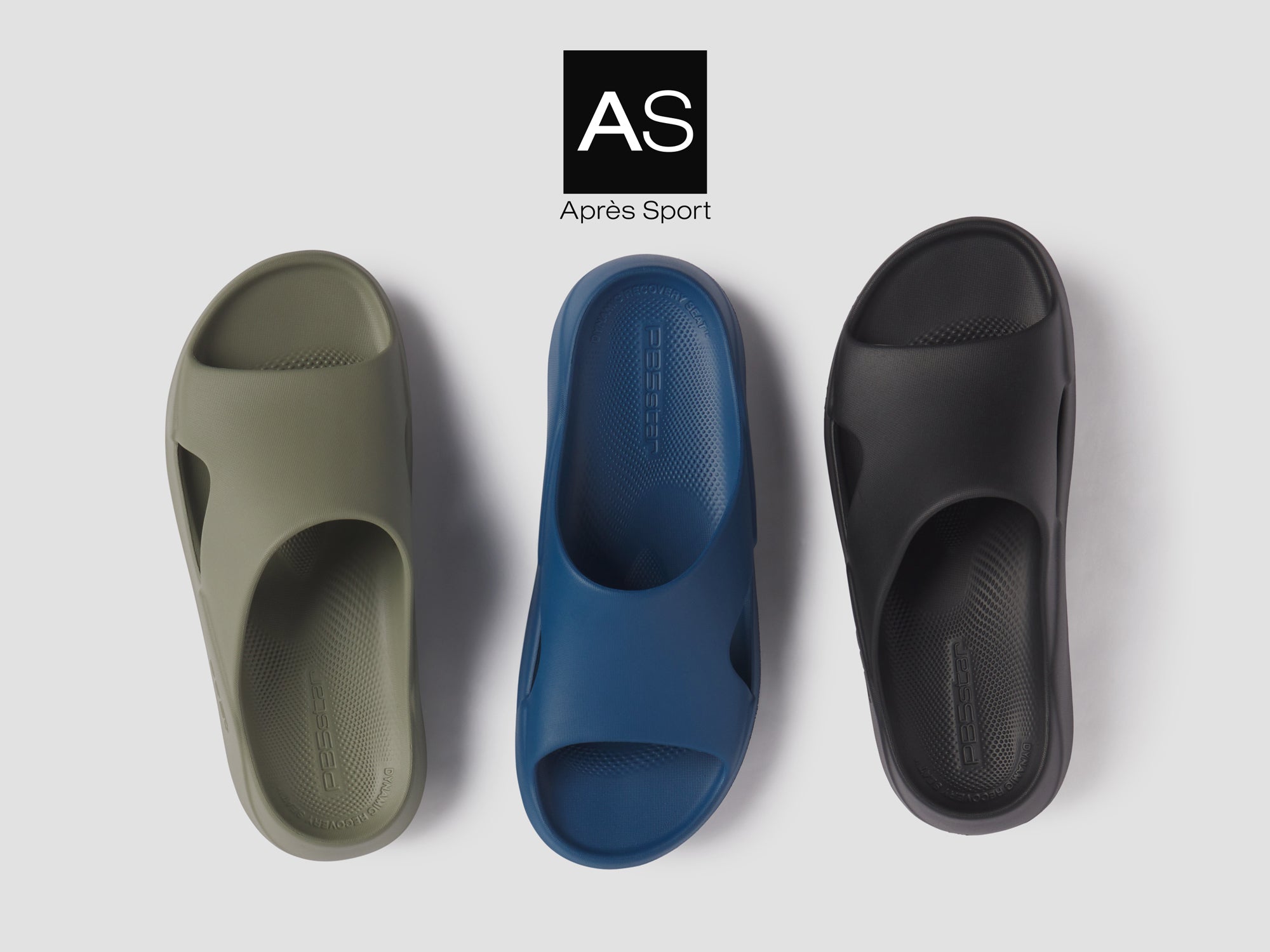 PB5star Après Sport recovery slides in pavement, astral blue, and black, showcasing a variety of color options with ergonomic and textured designs for post-activity recovery.