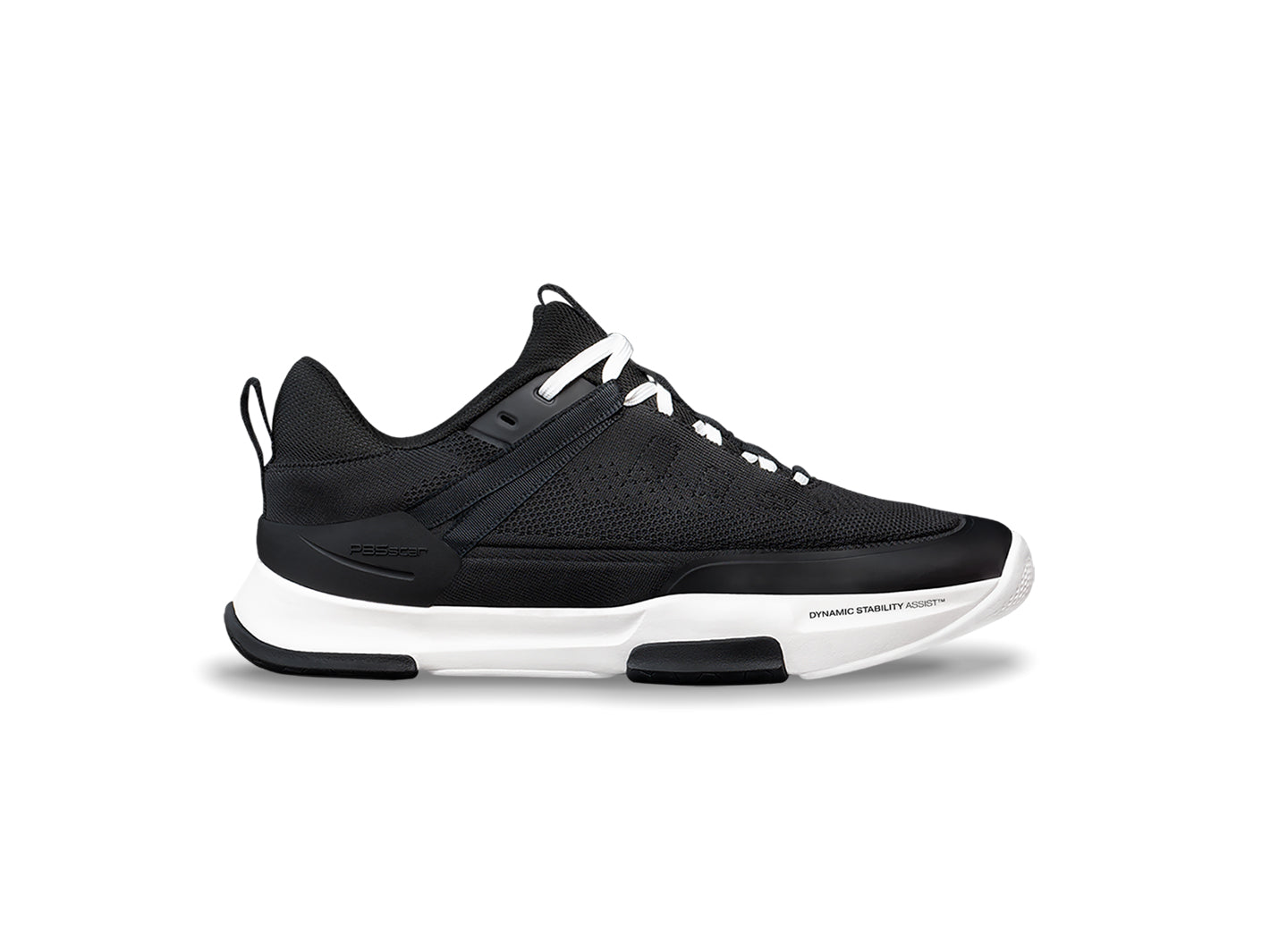 Men's black and white PB5star athletic sneaker with Dynamic Stability Assist technology, designed for enhanced support and performance in sports.