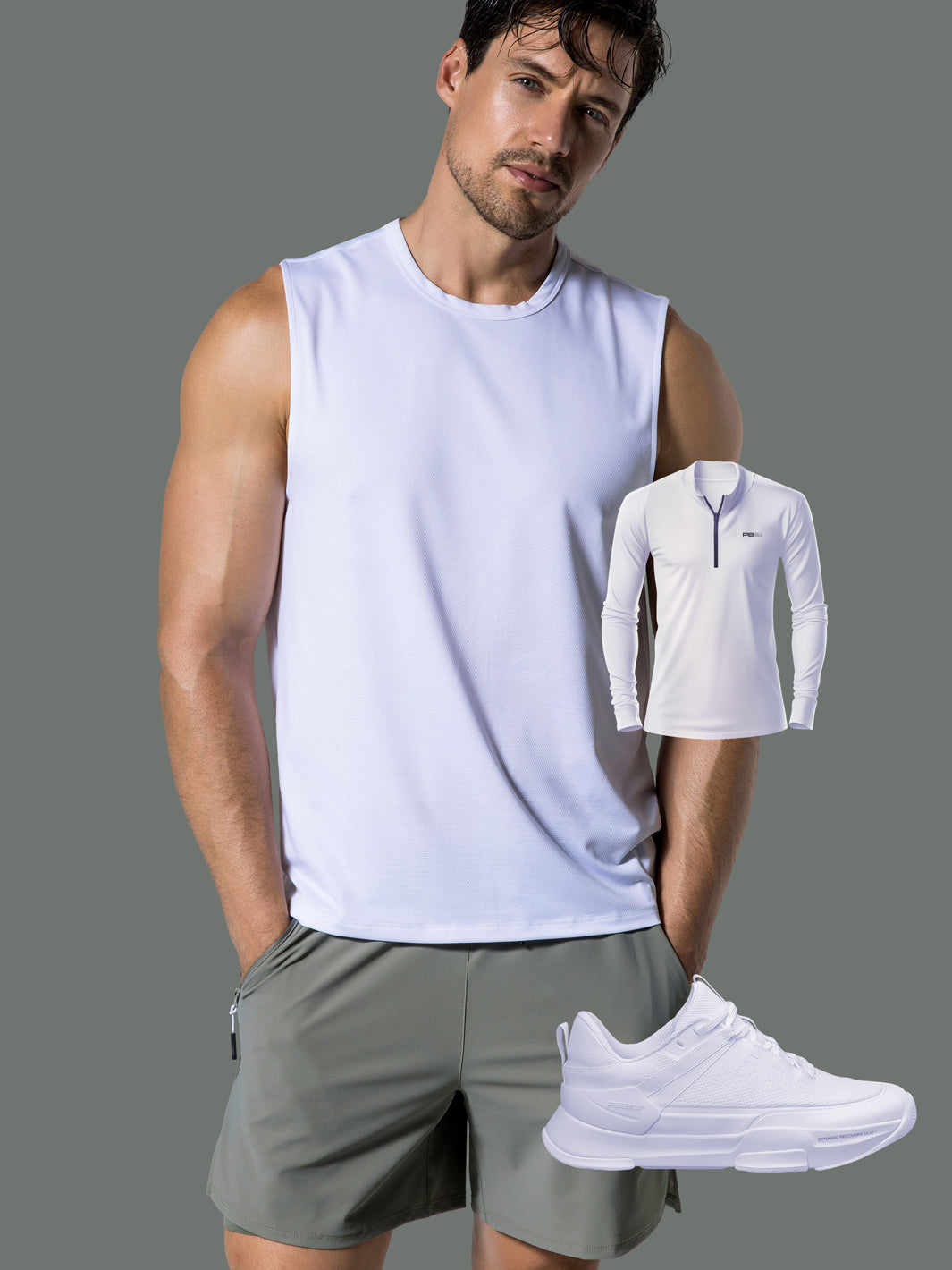 Male wearing a PB5star white vented sleeveless tee paired with pavement signature court shorts, pair it with a PB5star white quarter-zip layering tee and PB5 Court2 white athletic shoes.