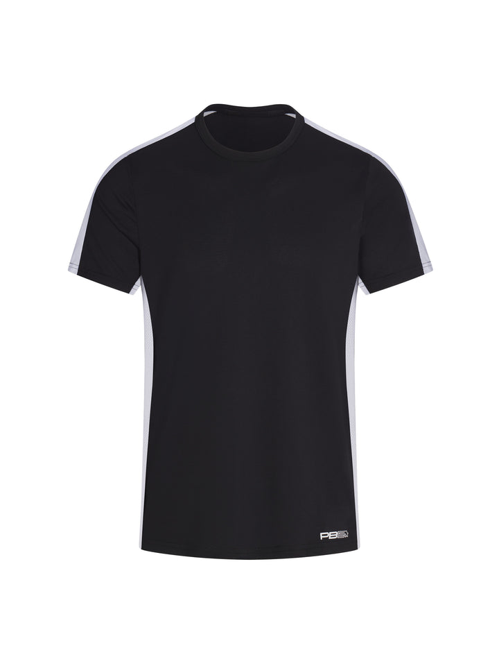 Men's Core Vented Tee front view in Black. Small logo printed on lower left front.