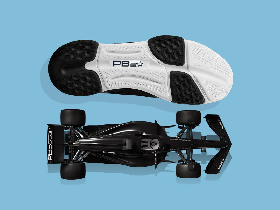 PB5star PB5 Court2 shoe outsole showcasing advanced grip technology, paired with a Formula 1 race car to highlight inspiration from performance engineering.