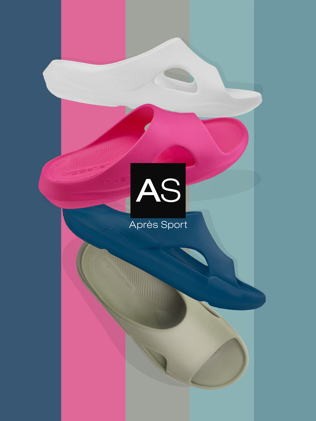 Après Sport recovery slides by PB5star, featuring Dynamic Recovery Seat™ technology, showcased in a variety of colors: white, pink, astral blue, and pavement, designed for superior comfort, support, and post-activity recovery, displayed against a stylish multicolor striped background.