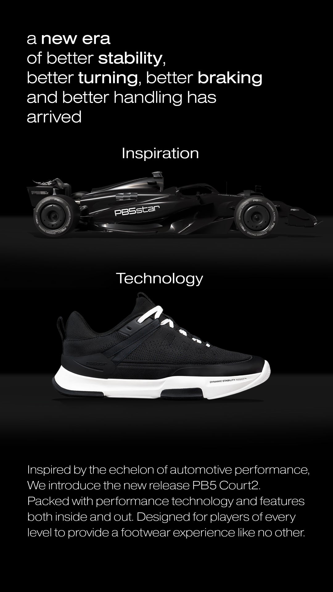 PB5 Court2 shoe inspired by automotive performance, showcasing advanced stability, turning, braking, and handling technologies for superior athletic performance.