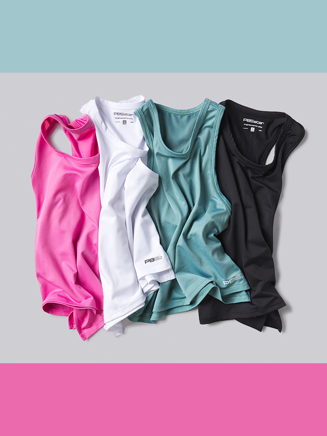 Collection of PB5star cropped racerback tanks in pink, white, arctic, and black, displayed on a flat surface.