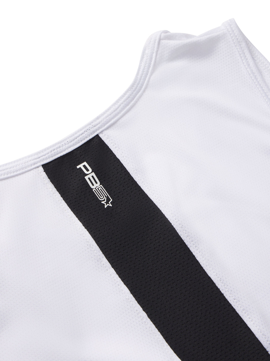 Detail shot of the PB5star Women's Vented Tank in classic white with a black vertical accent stripe and the PB5star logo. Designed for pickleball players, this tank offers a sleek look with performance-driven moisture-wicking fabric to keep players cool and stylish on the court.