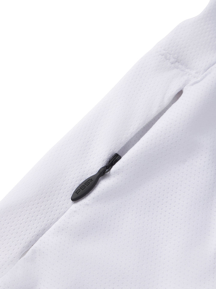Close-up of a white PB5Star Mesh Panel Pickleball Skirt's hidden pocket zipper, combining functionality with a sleek design.