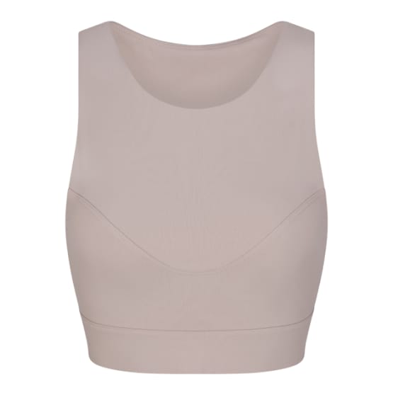 Pb5star Racer Back Sports Bra in soft clay with a high neckline and wide shoulder straps, designed for comfort and support.