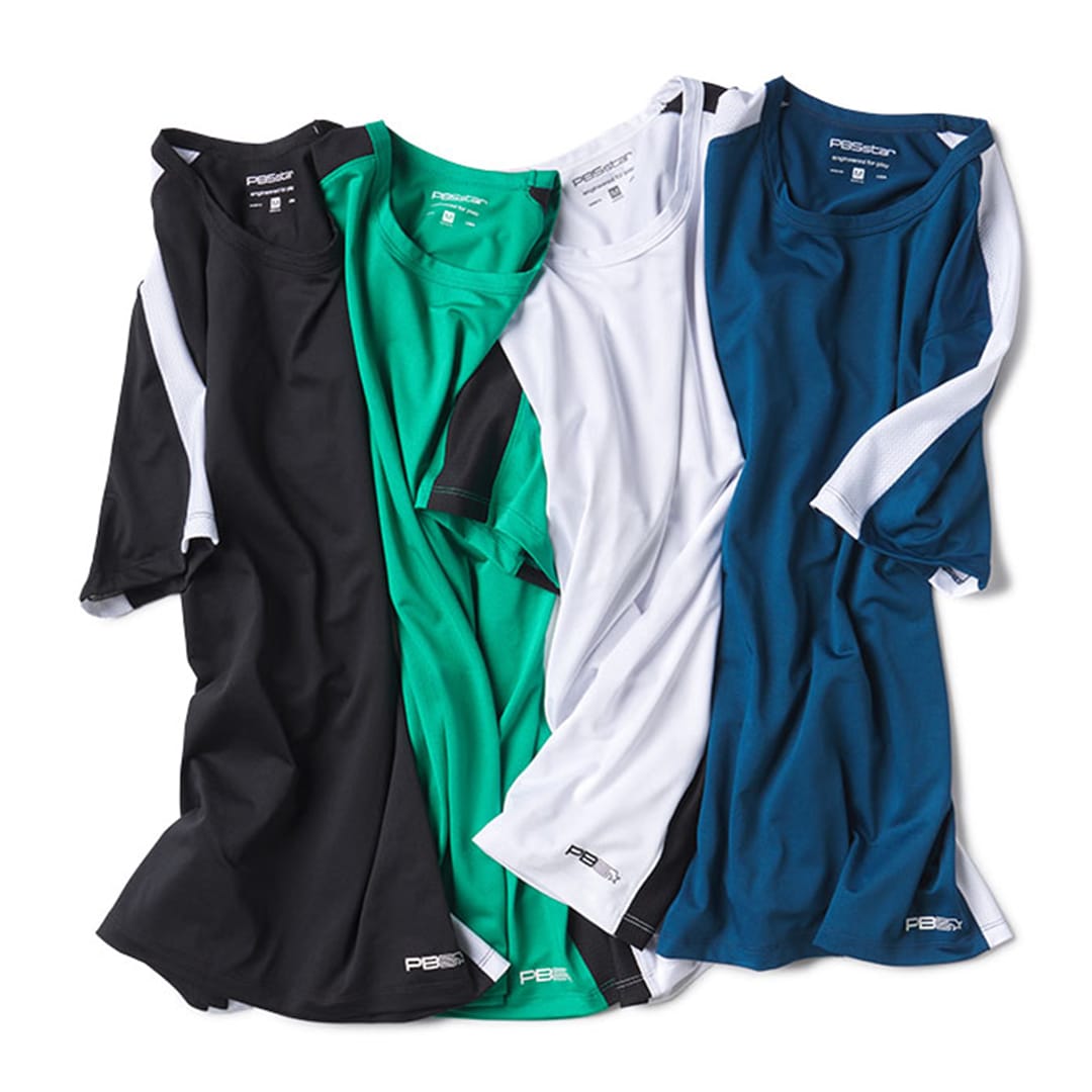 PB5star men's Core Vented Tee in black, jade, white, and astral blue, featuring moisture-wicking fabric for optimal performance.