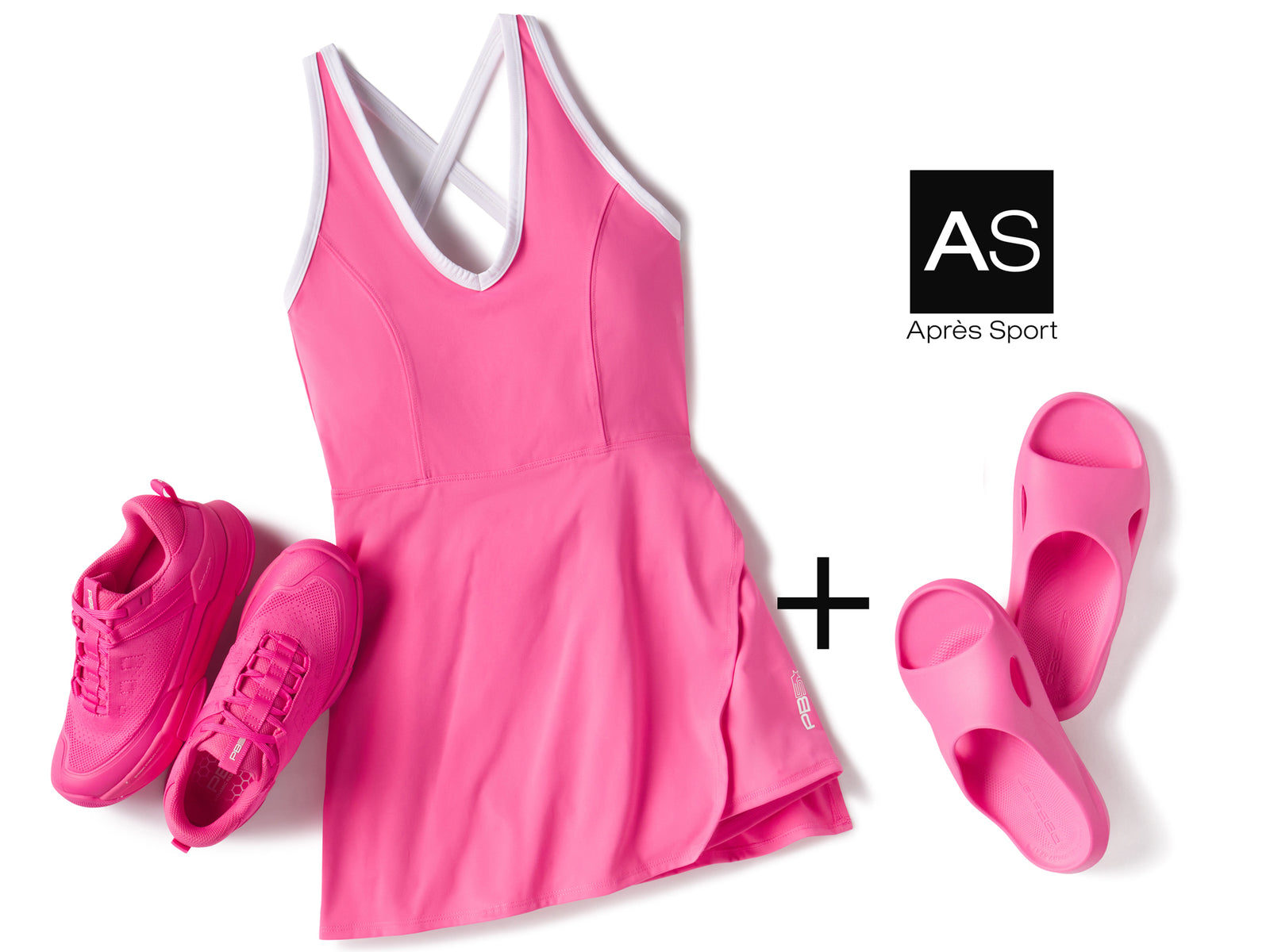 PB5star's pink side split dress paired with Court2 sneakers and matching Après Sport recovery slides, showcasing a coordinated activewear and recovery footwear set for post-workout comfort.