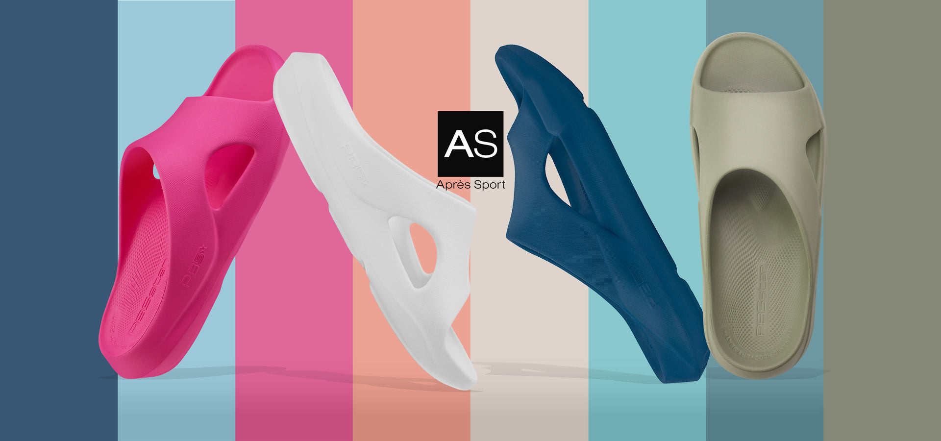 Après Sport recovery slides by PB5star, featuring Dynamic Recovery Seat™ technology, showcased in a variety of colors: pink, white, astral blue, and pavement, designed for superior comfort, support, and post-activity recovery, displayed against a stylish multicolor striped background.