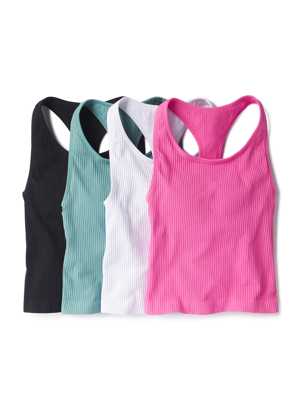 Ribbed Racer Back Tank in black, arctic, white, and pink laid out in a row