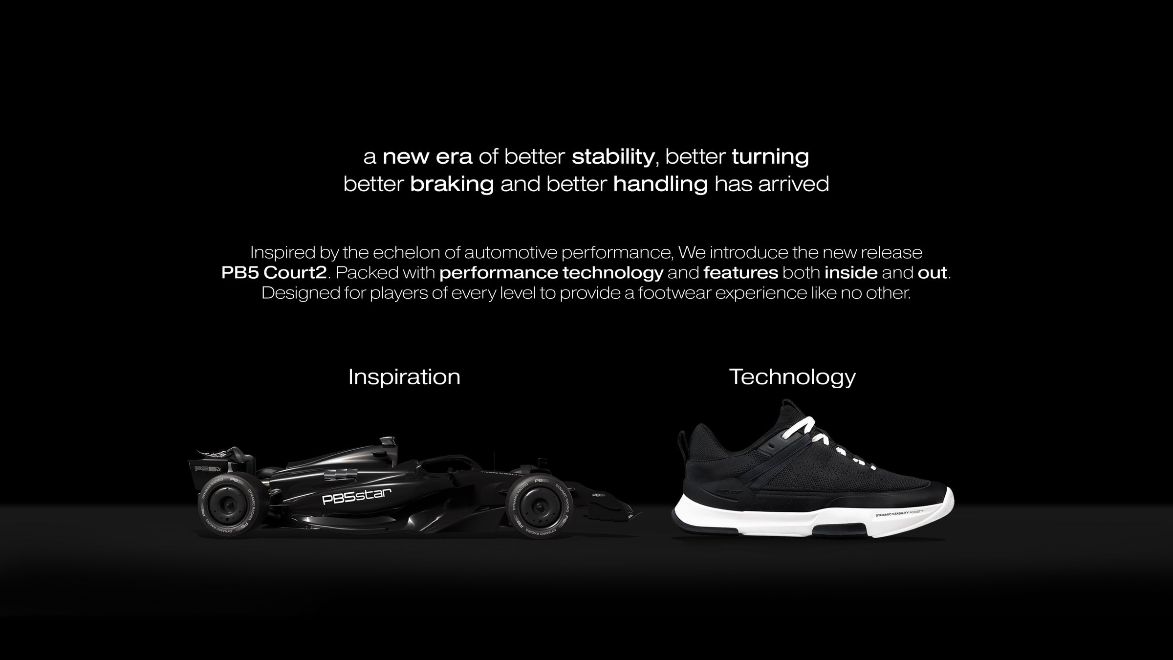 PB5 Court2 shoe and race car inspiration highlighting advanced stability, turning, braking, and handling technologies for unmatched performance.