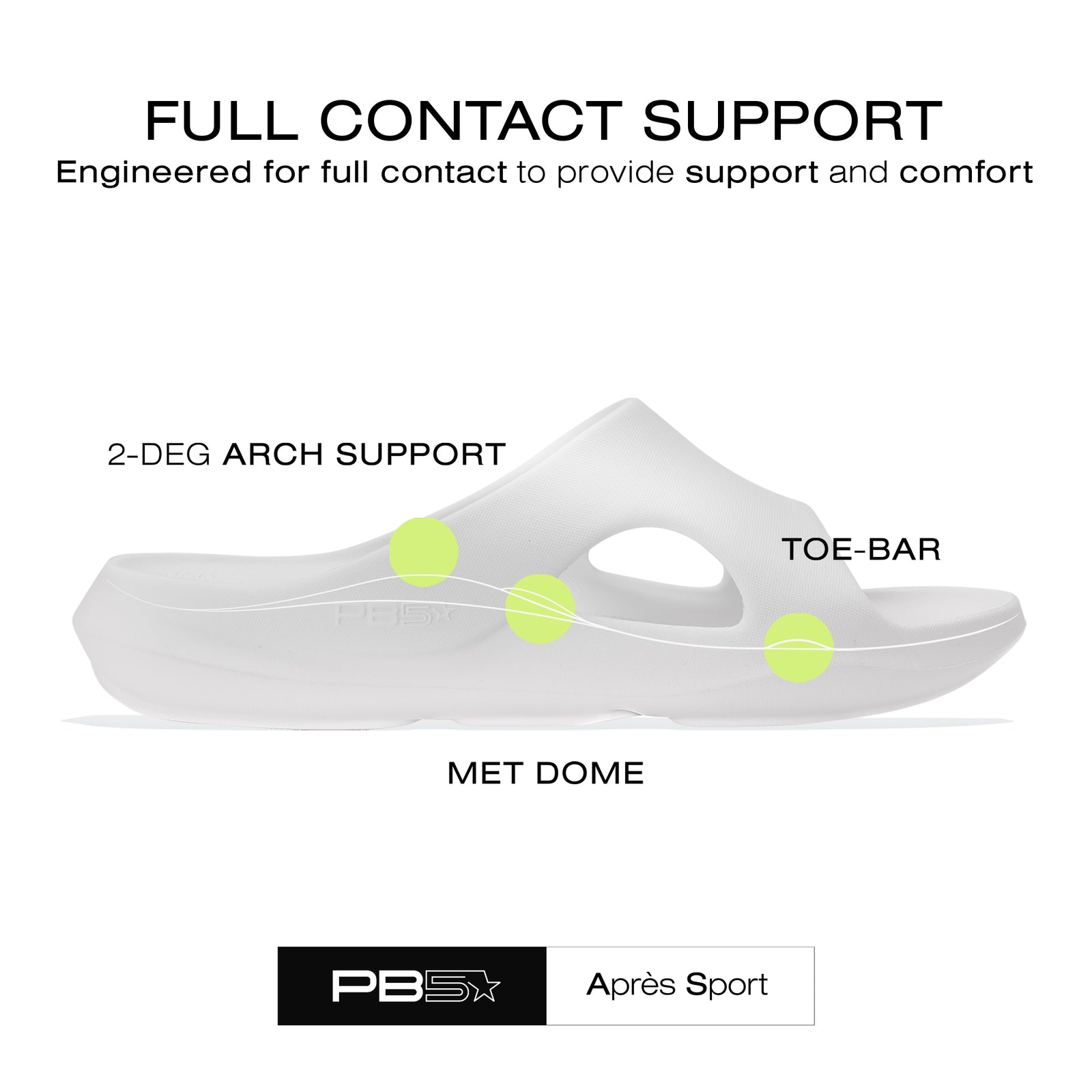 Après Sport slides by PB5star, featuring full contact support with 2-degree arch support, met dome, and toe-bar for superior comfort, support, and recovery alignment.