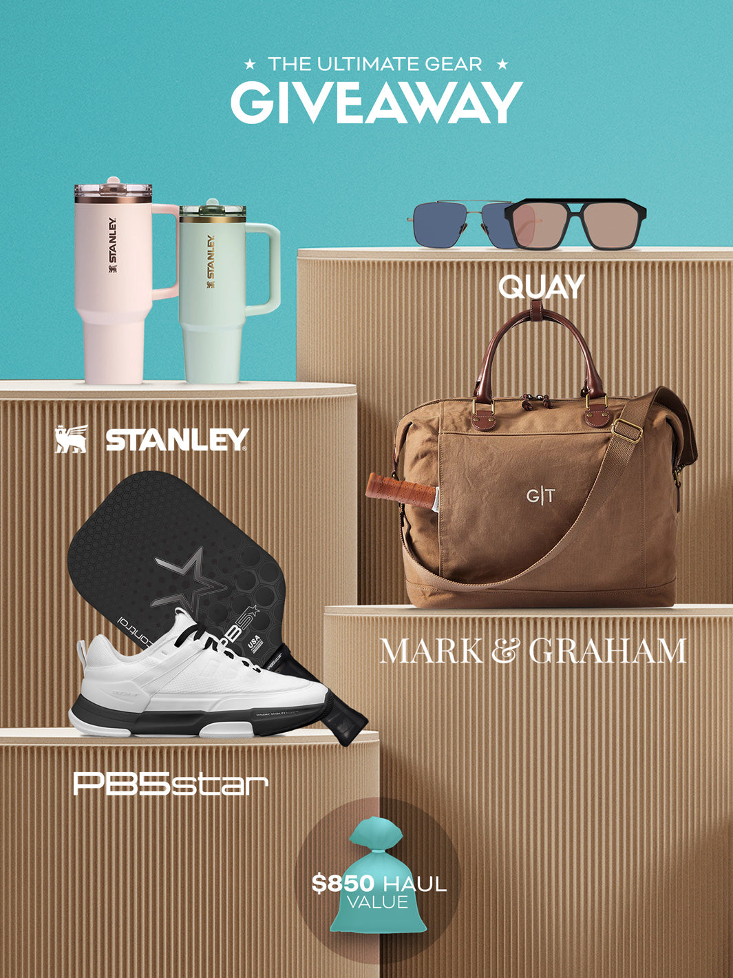 The Ultimate Gear Giveaway featuring PB5star pickleball paddle and shoes, Stanley tumblers, Quay sunglasses, and Mark & Graham bag valued at $850