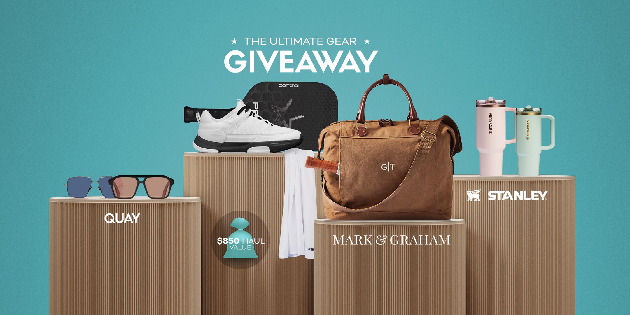 The Ultimate Gear Giveaway featuring PB5star pickleball paddle and shoes, Stanley tumblers, Quay sunglasses, and Mark & Graham bag valued at $850