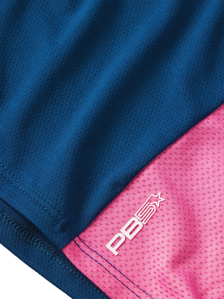 Detail of the PB5star branding on the hem of an astral blue and pink women's Vented Court Tee.