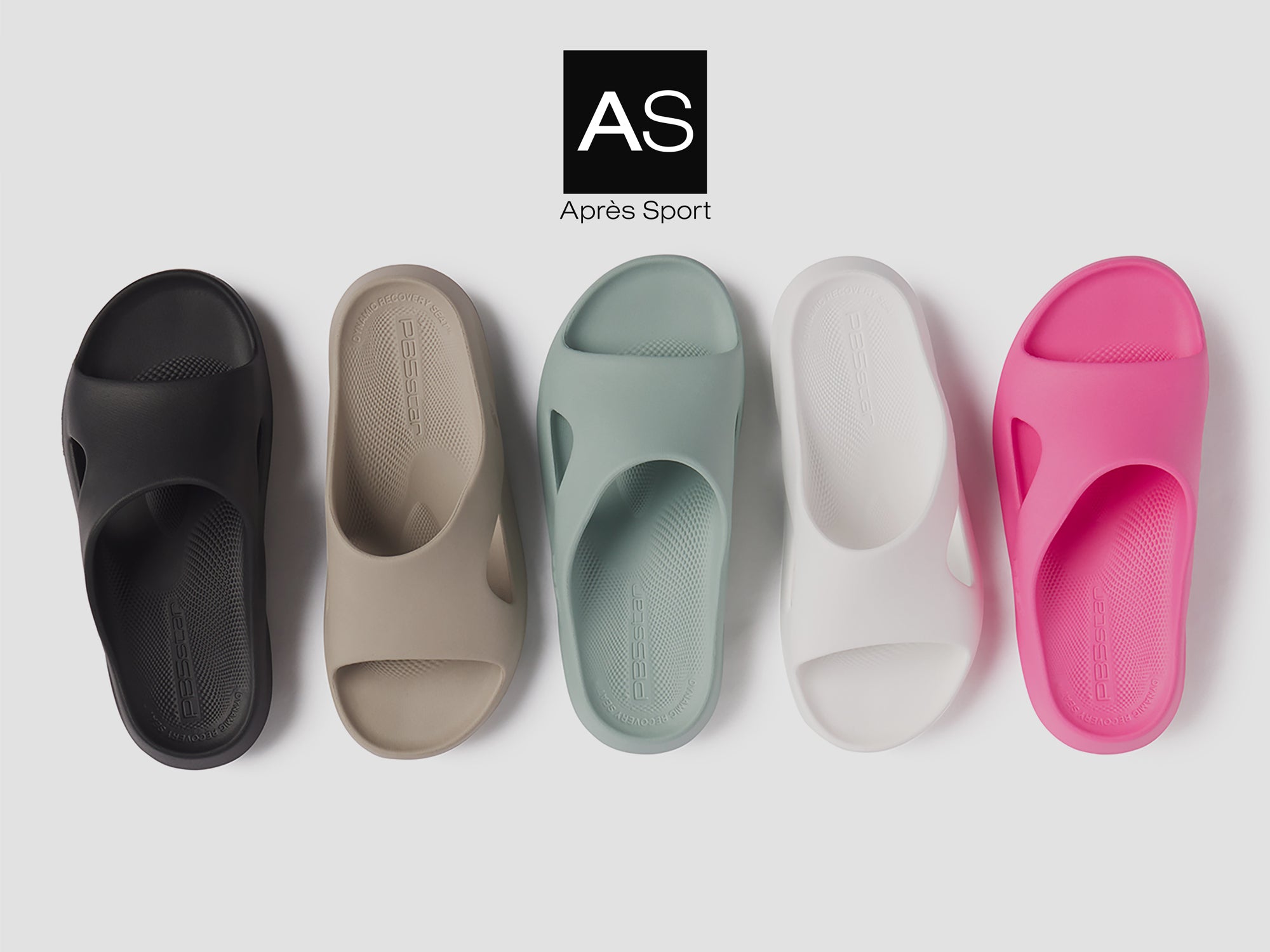 PB5star Après Sport recovery slides in black, titanium, arctic, white, and pink, showcasing a range of color options with ergonomic and textured designs for comfort and recovery.