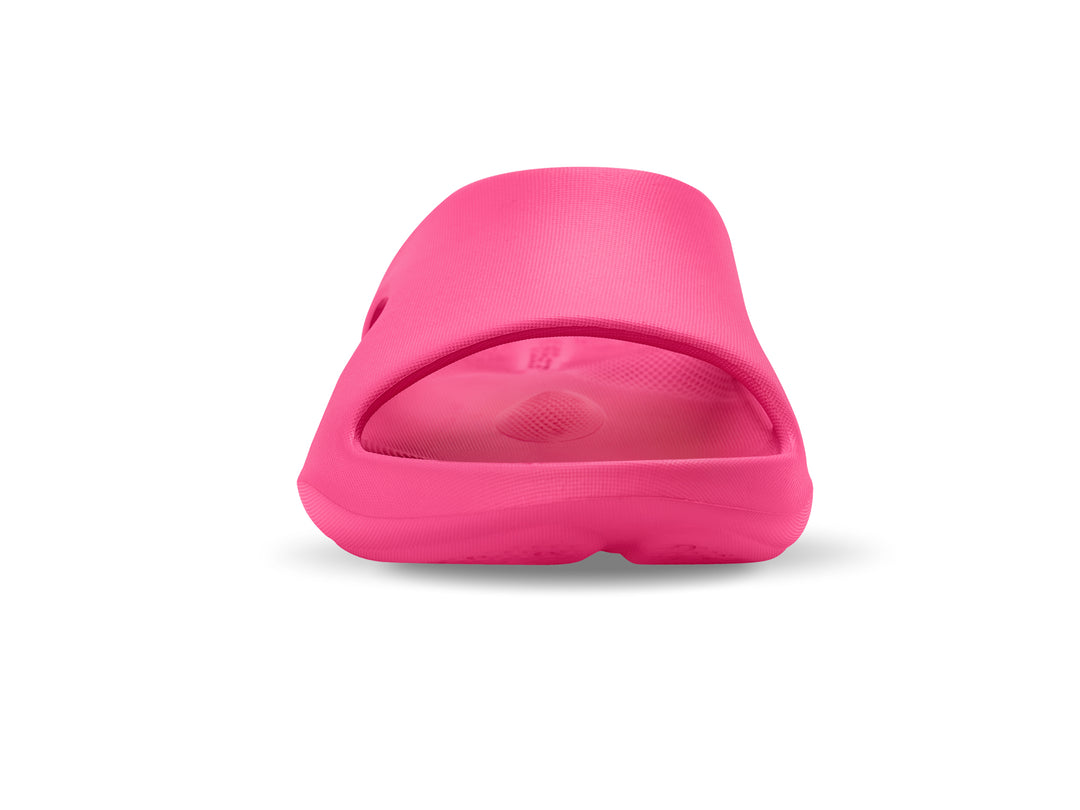 Front view of the women's pink PB5star Après Sport recovery slide highlighting the open-toe design and cushioned footbed for ultimate comfort and breathability.