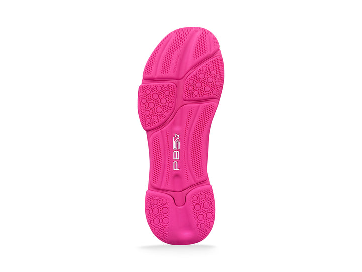 Outsole view of the PB5 Court2 pink athletic shoe with PB5star branding, featuring a textured grip design for enhanced traction and durability.