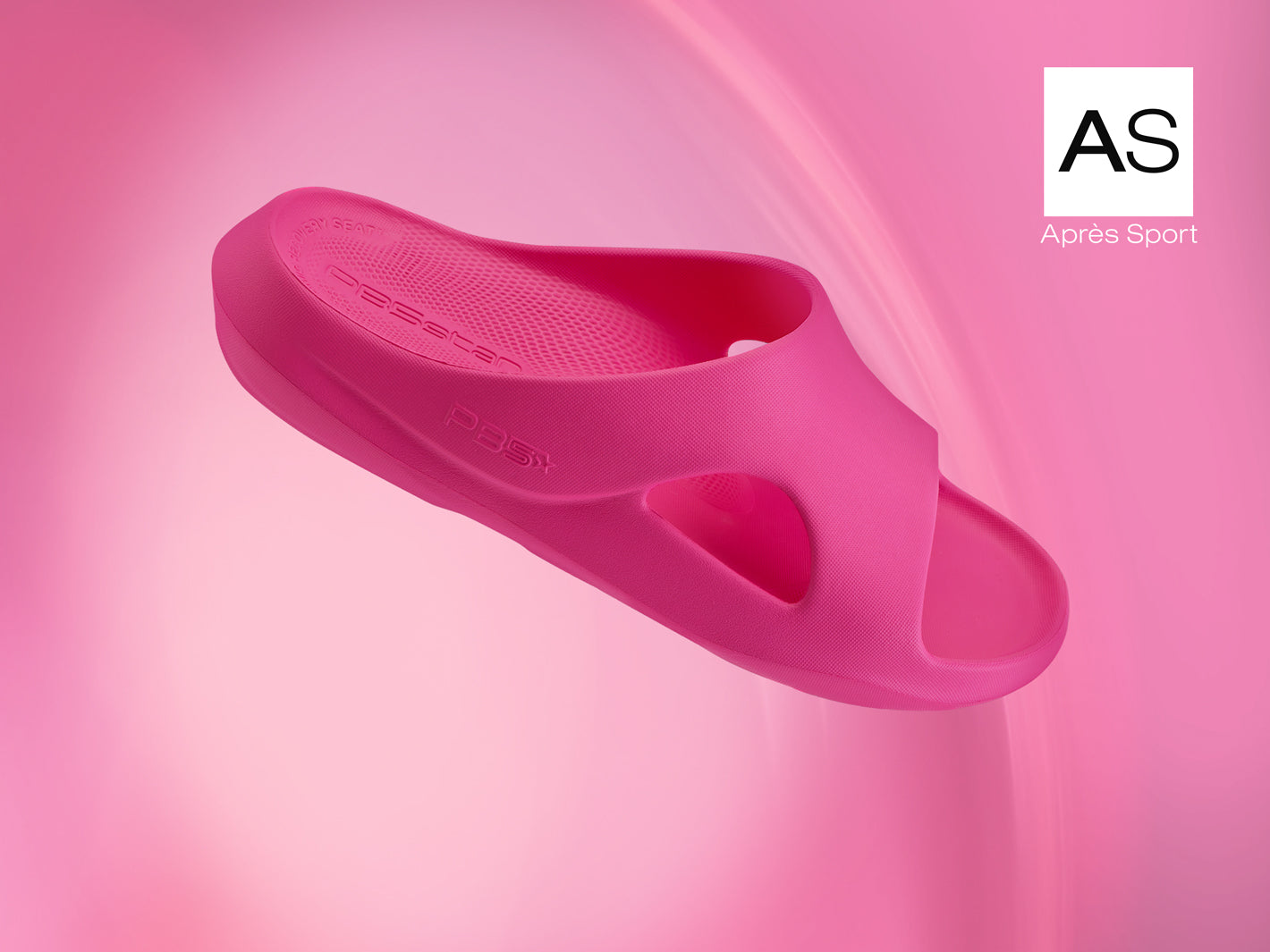 Après Sport recovery slide by PB5star in women's pink, featuring Dynamic Recovery Seat™ technology, designed for superior comfort, support, and post-activity recovery, displayed against a vibrant pink gradient background.