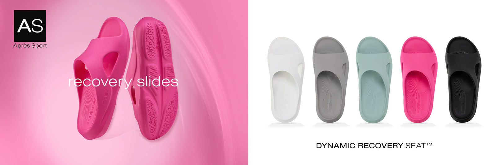 Après Sport recovery slides featuring the Dynamic Recovery Seat™ technology, shown in pink on a pink background and in five color options: white, titanium, arctic, pink and black, designed for post-activity comfort and foot recovery.