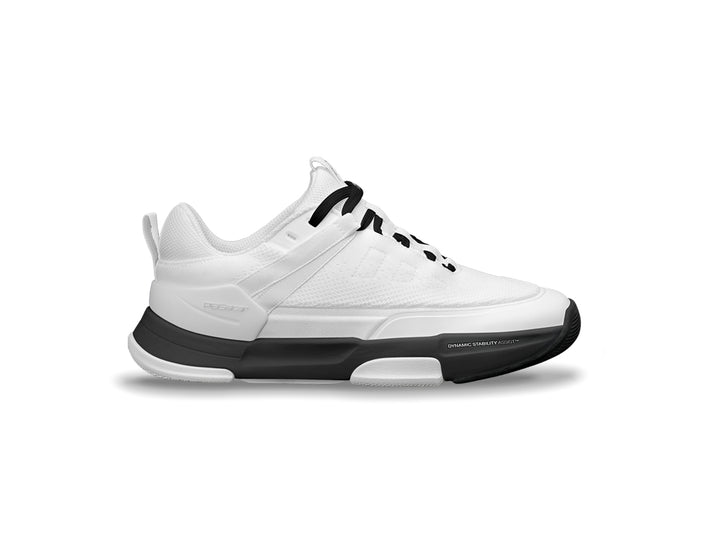 Women's white and black PB5star athletic sneaker with Dynamic Stability Assist technology, crafted for performance and support in pickleball and other sports.