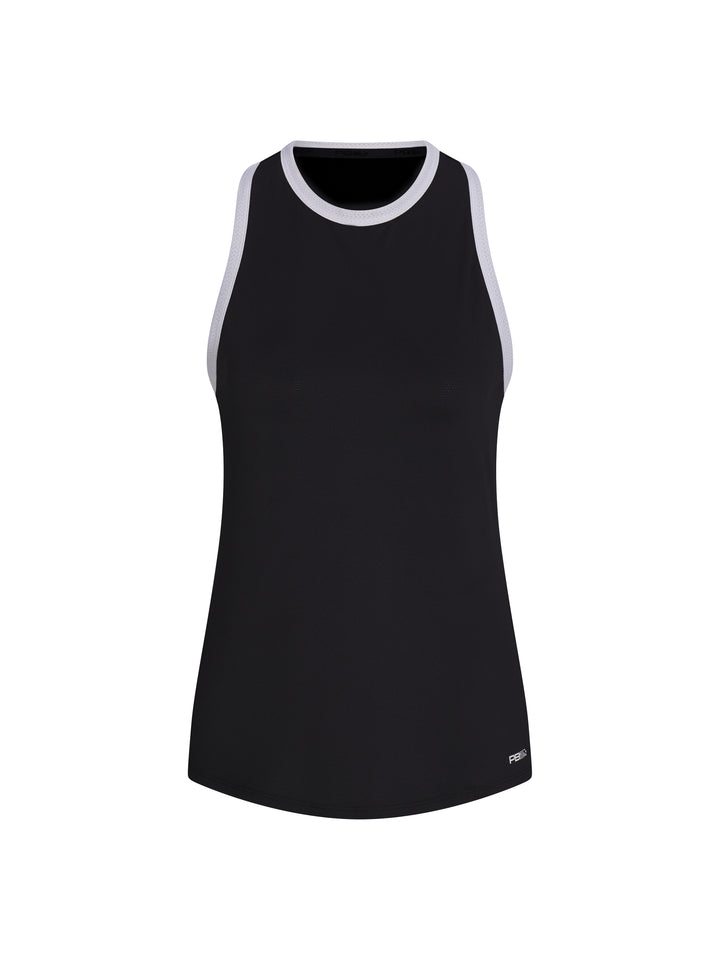 Women's Core Tank front view in Black with White trim. Small logo printed on lower left front.